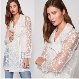 BCBGeneration Optic White Floral Sheer Asymmetrical Zip Embroidered Jacket S